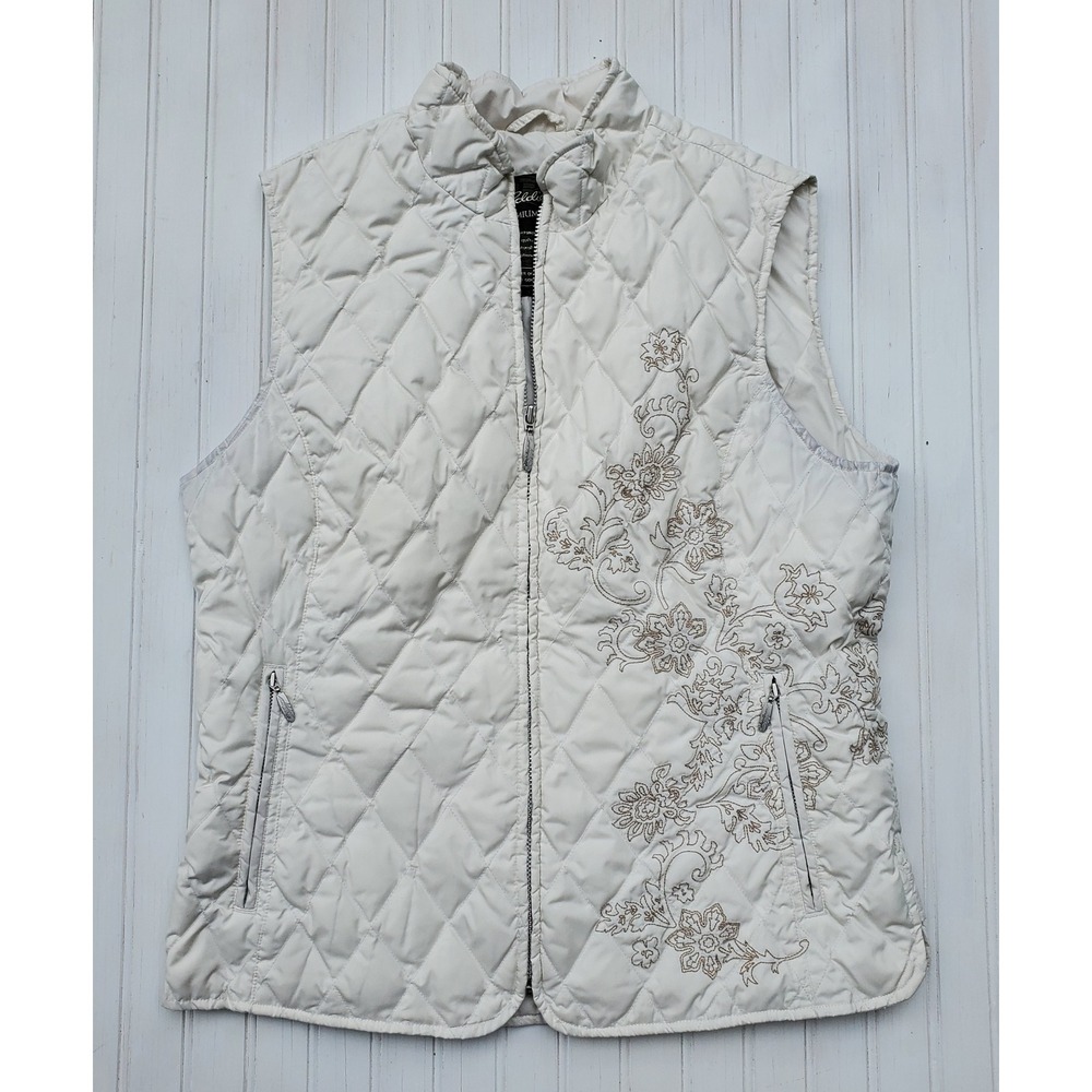 Eddie Bauer Premium Goose Down Vest Womens Medium Cream‎ Quilted Floral Puffer